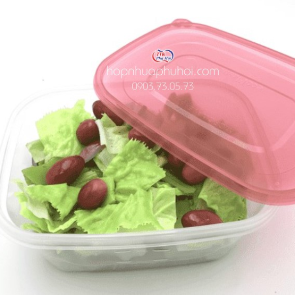 Hộp nhựa chữ nhật nắp đỏ 1900ml đựng salad trái cây